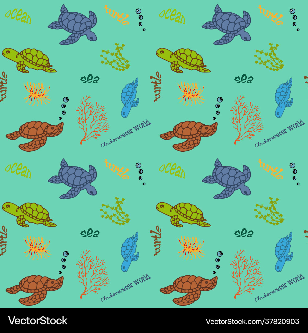 Seamless pattern turtles and algae use Seamless pattern turtles and algae use Vector Image