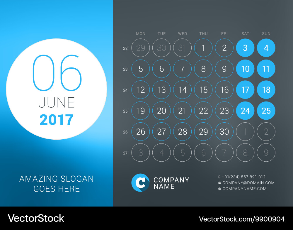 Calendar template for june 2017 design Vector Image