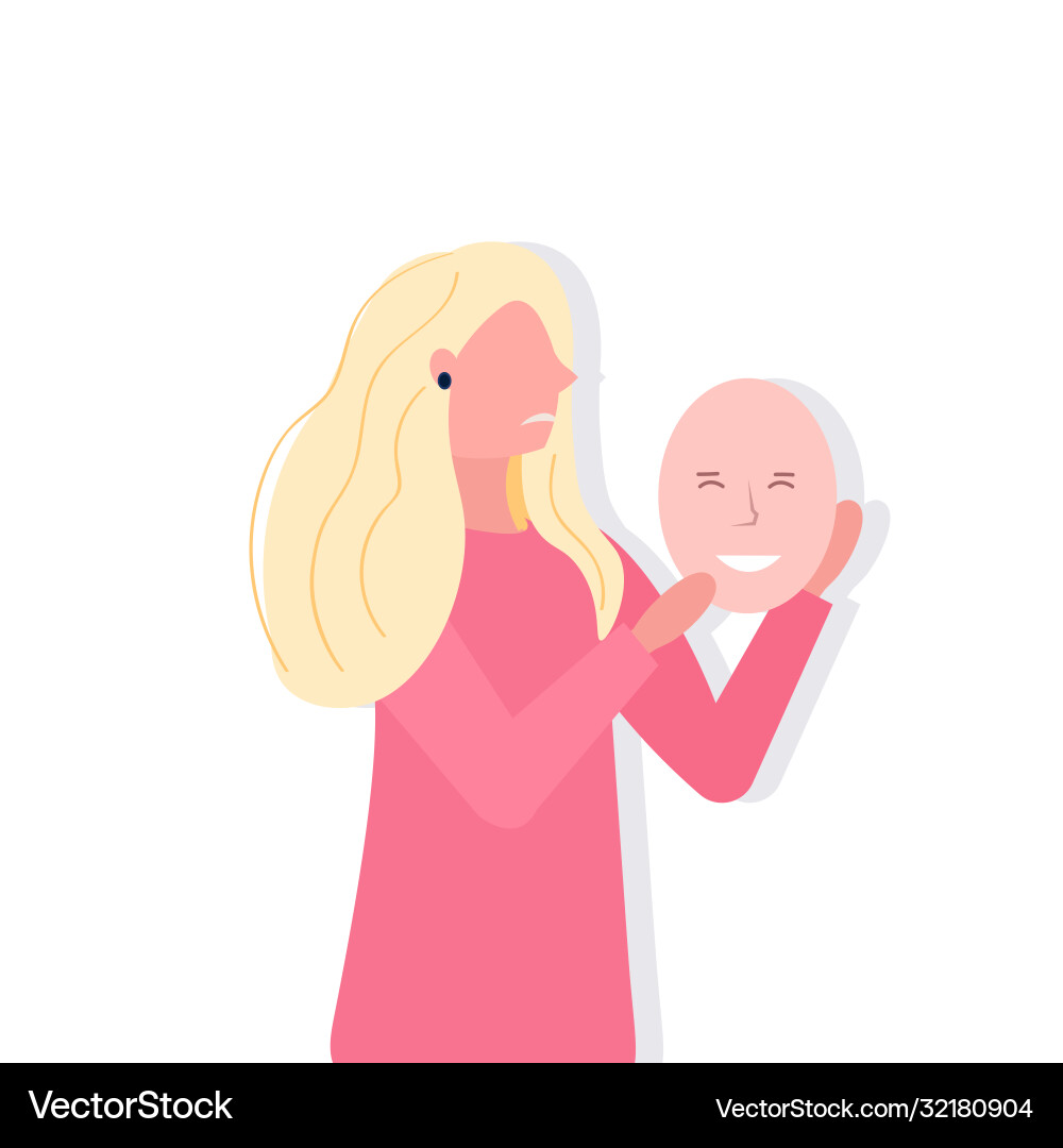 Depressed woman holding positive mask girl Depressed woman holding positive mask girl vector image
