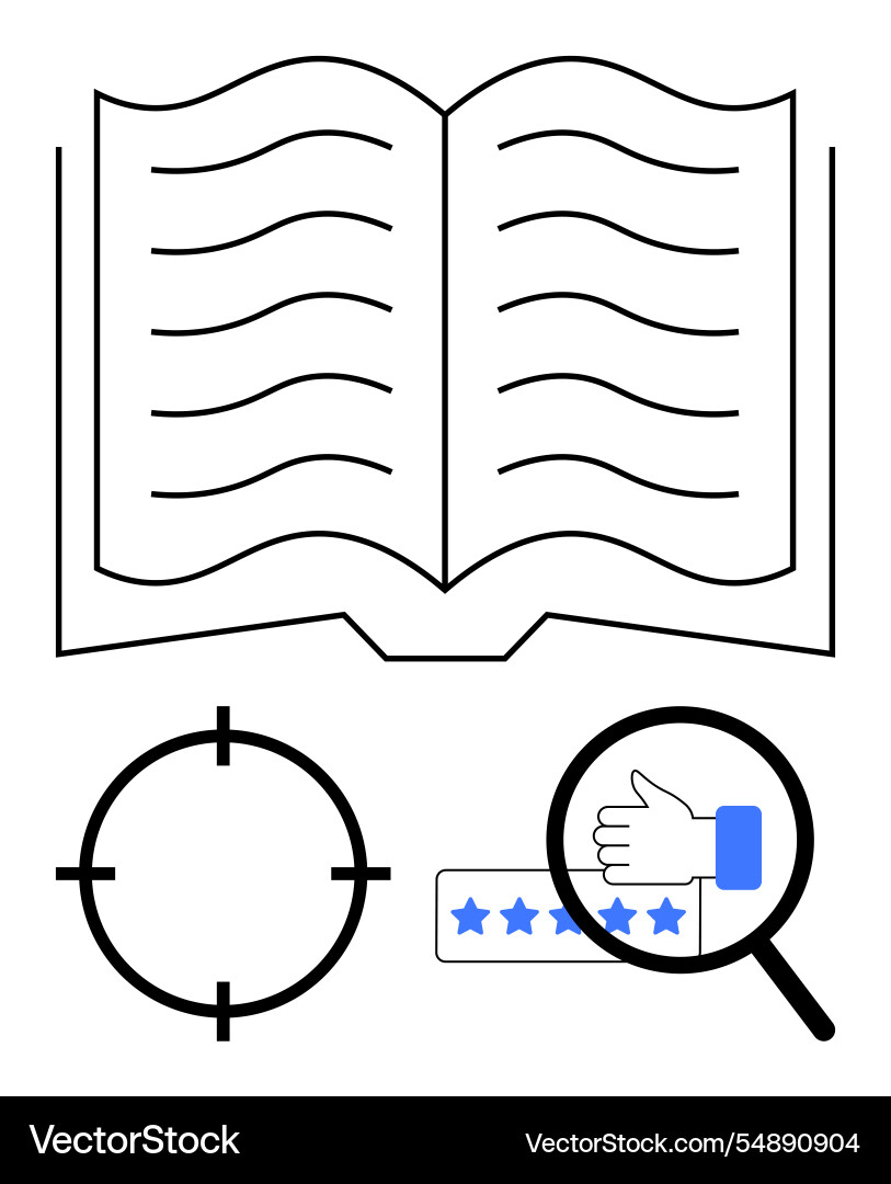 Open book with magnifying glass rating scale Open book with magnifying glass rating scale Vector Image