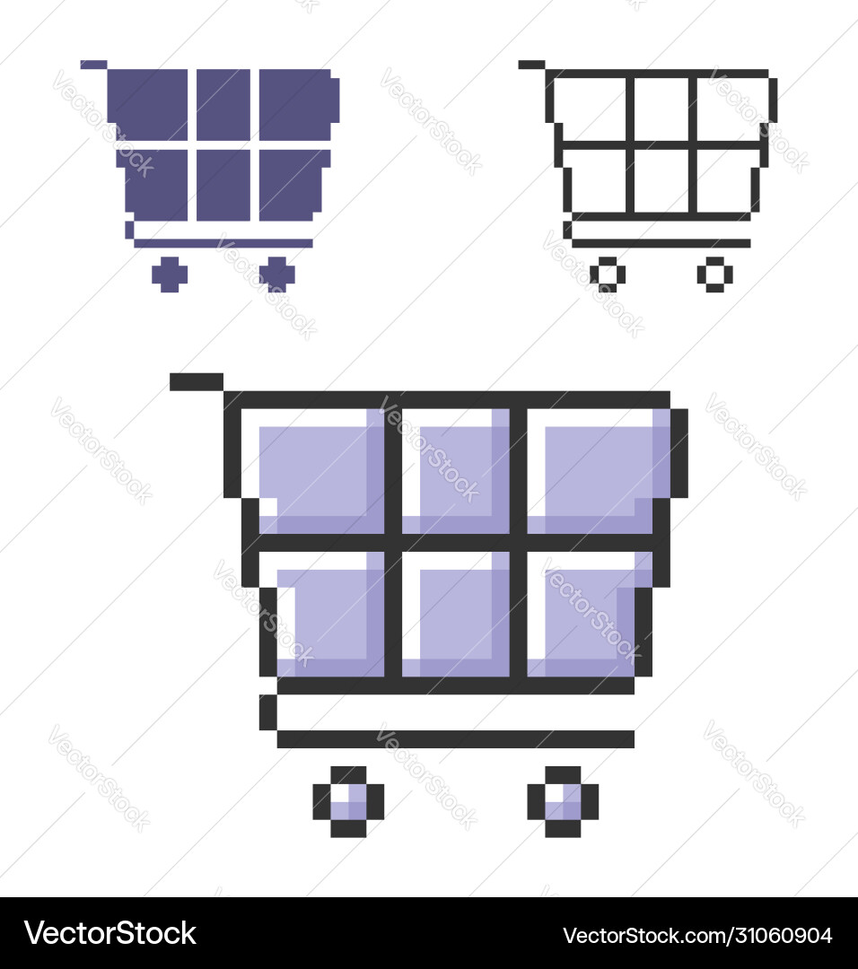 Pixel icon shopping trolley in three variants Pixel icon shopping trolley in three variants vector image