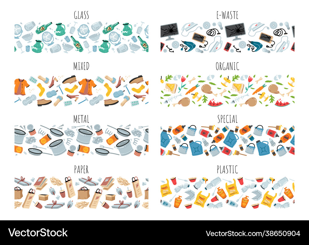 Set 8 garbage seamless patterns with trash Set 8 garbage seamless patterns with trash vector image