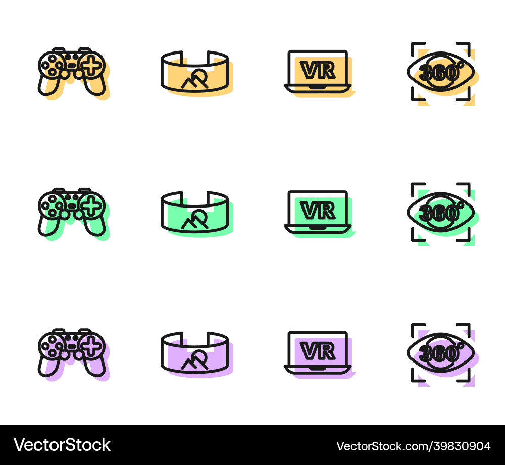 Set line virtual reality gamepad 360 degree view Set line virtual reality gamepad 360 degree view vector image