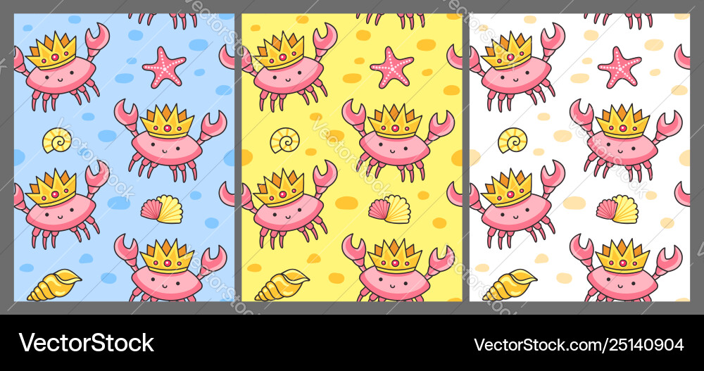 Set seamless pattern with crabs in crowns vector image