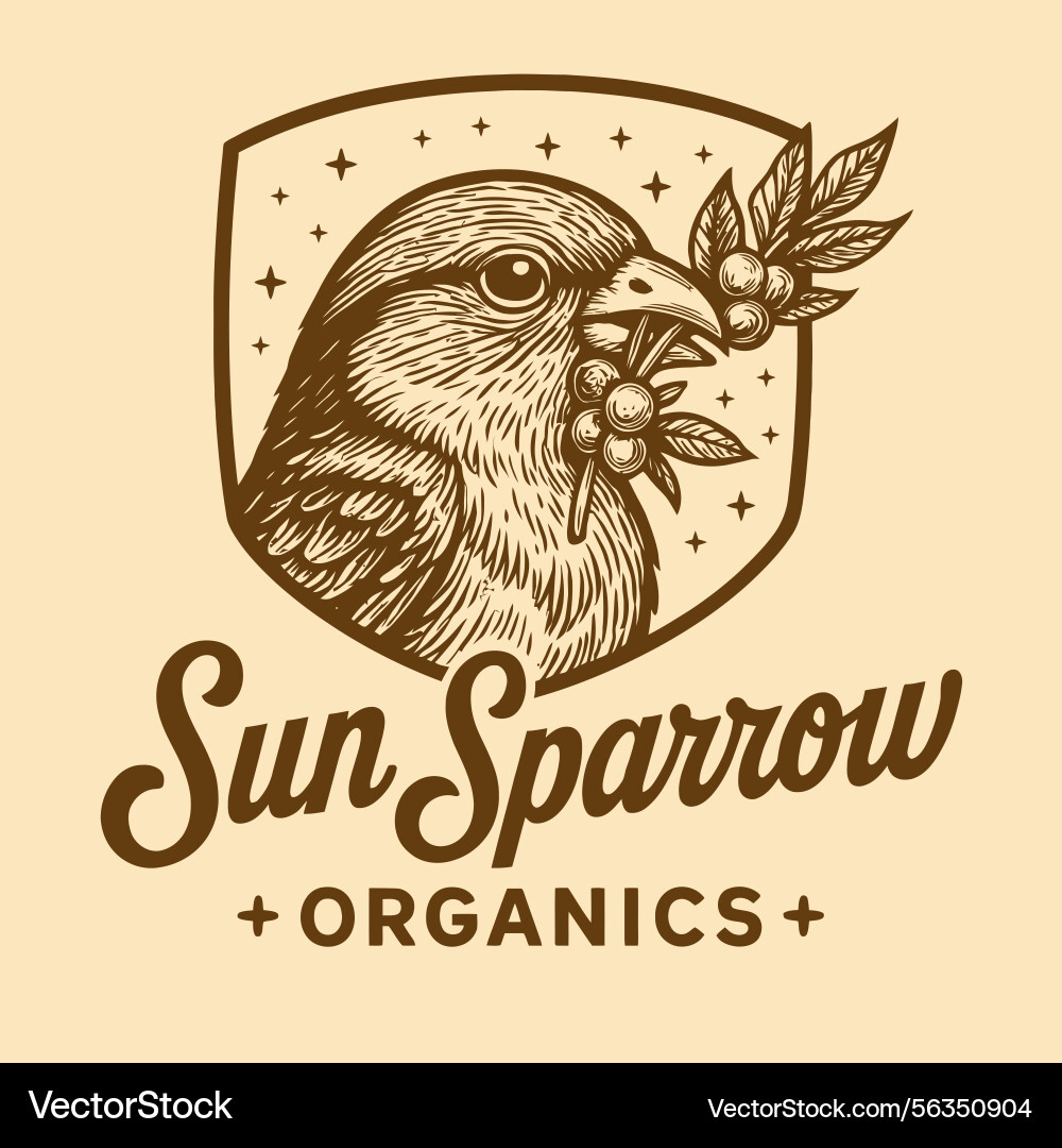 Sparrow with berry twig in shield design graphic Vector Image