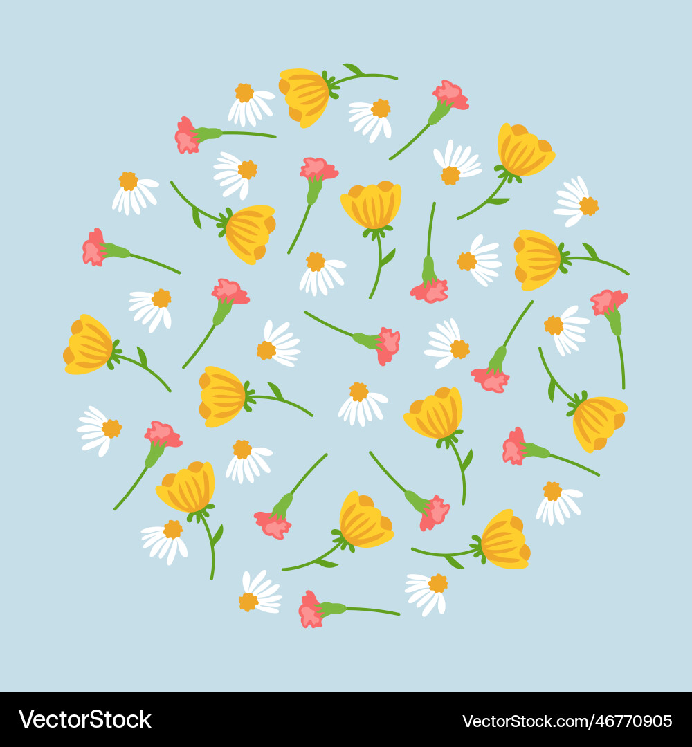 Set of wild flowers in pattern with circle shape Set of wild flowers in pattern with circle shape Vector Image