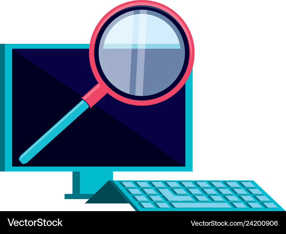 Desktop computer with magnifying glass vector image