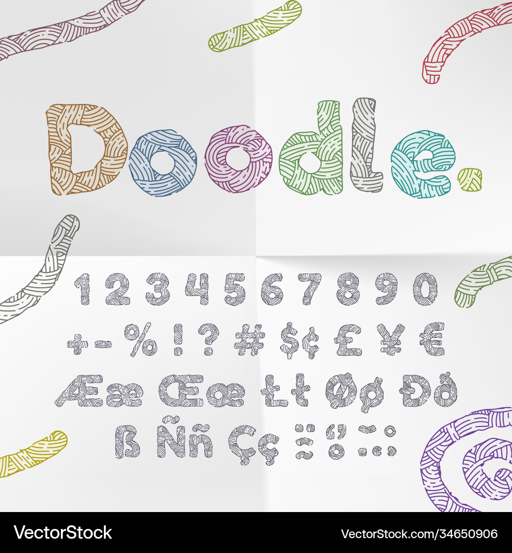 Doodle text font alphabet numbers with wool Doodle text font alphabet numbers with wool vector image