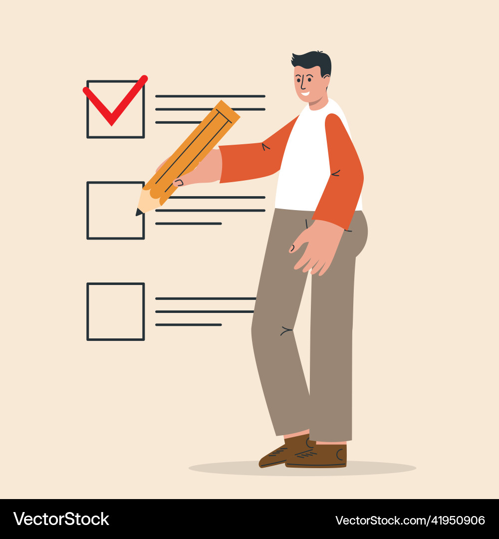 Man holding pencil putting check mark in checkbox Man holding pencil putting check mark in checkbox vector image