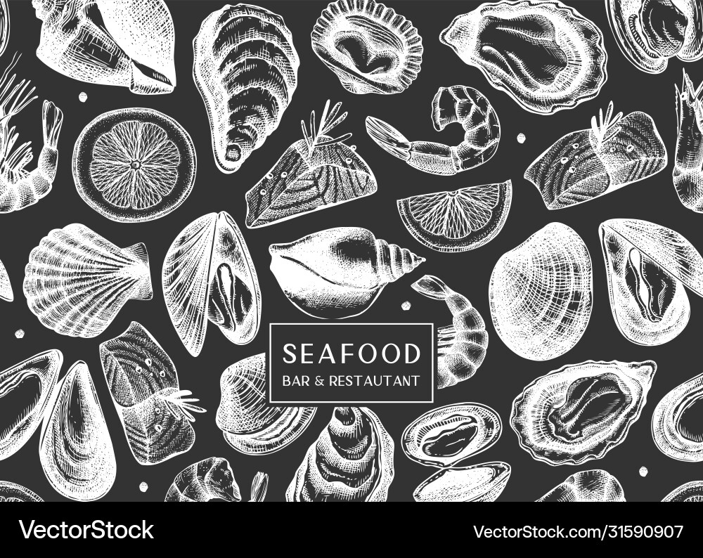 Background on chalkboard with hand drawn shellfish vector image