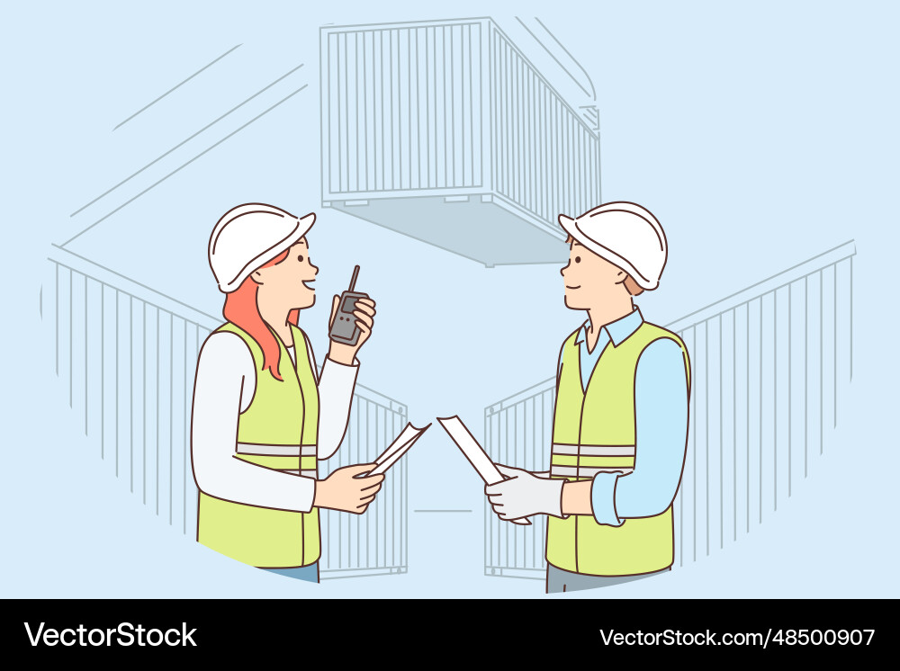 Man and woman work in container port use Man and woman work in container port use vector image