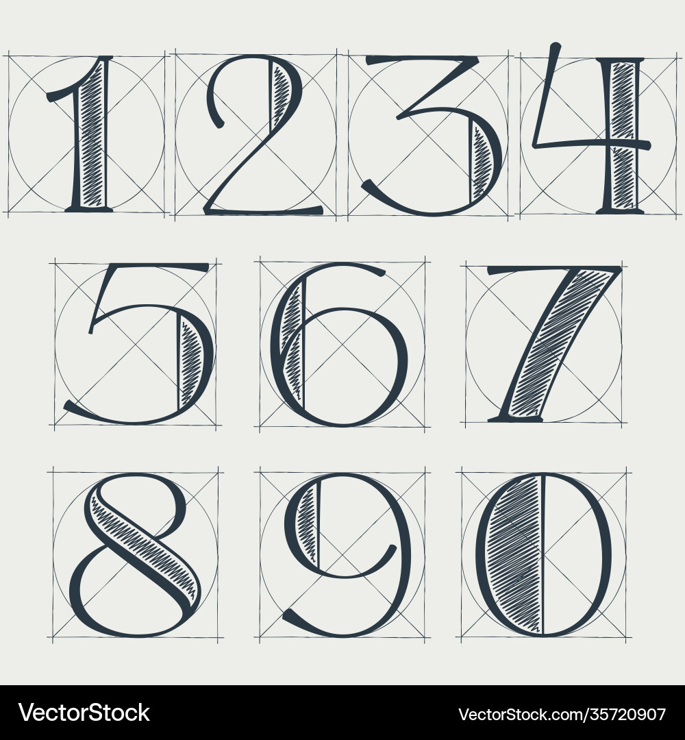 Numbers set with construction grid lines Vector Image