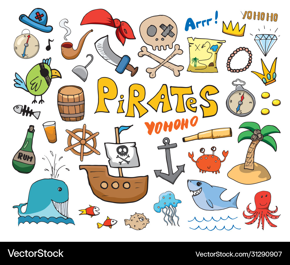 Pirate doodles set cute items sketch Pirate doodles set cute items sketch vector image