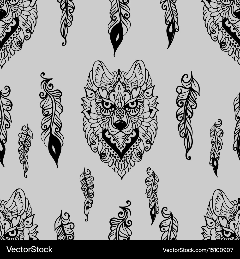 Seamless pattern with wolf and feathers Vector Image
