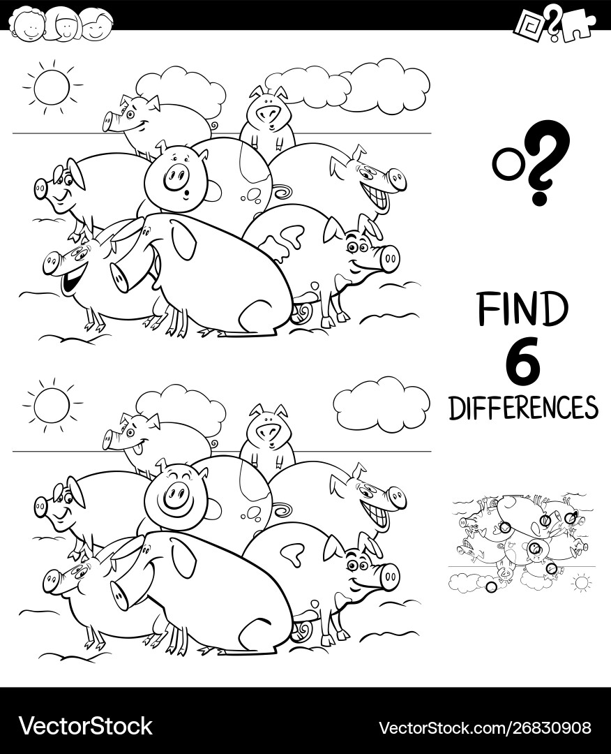 Differences color book with pigs animal characters Differences color book with pigs animal characters vector image
