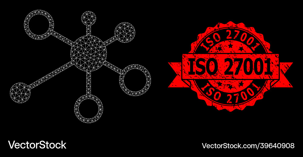 Scratched iso 27001 seal and polygonal mesh Vector Image