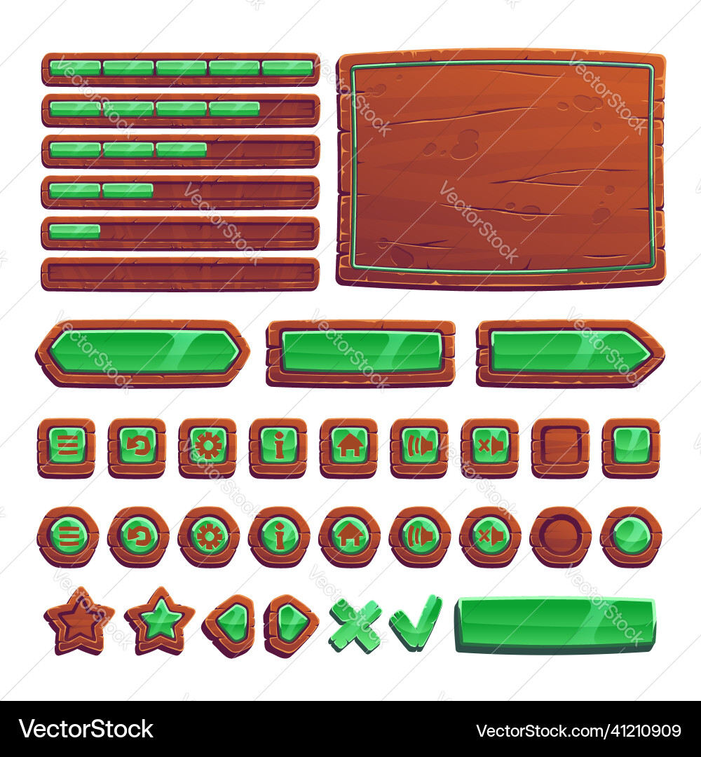 Buttons from wooden boards with green for ui game Buttons from wooden boards with green for ui game vector image