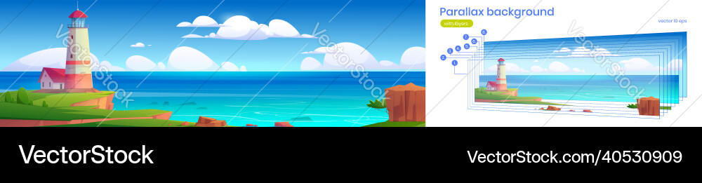 Parallax background lighthouse on sea shore 2d Parallax background lighthouse on sea shore 2d vector image