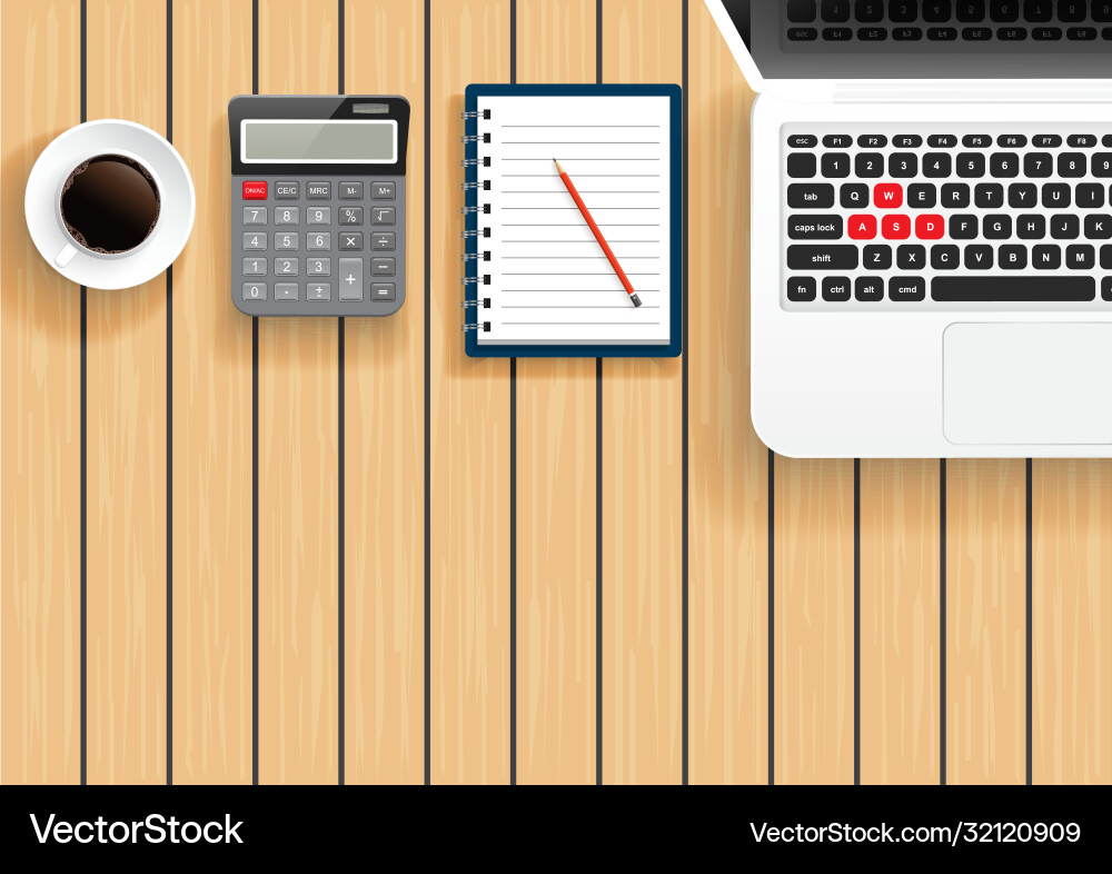 Realistic workplace desktop top view desk table Vector Image