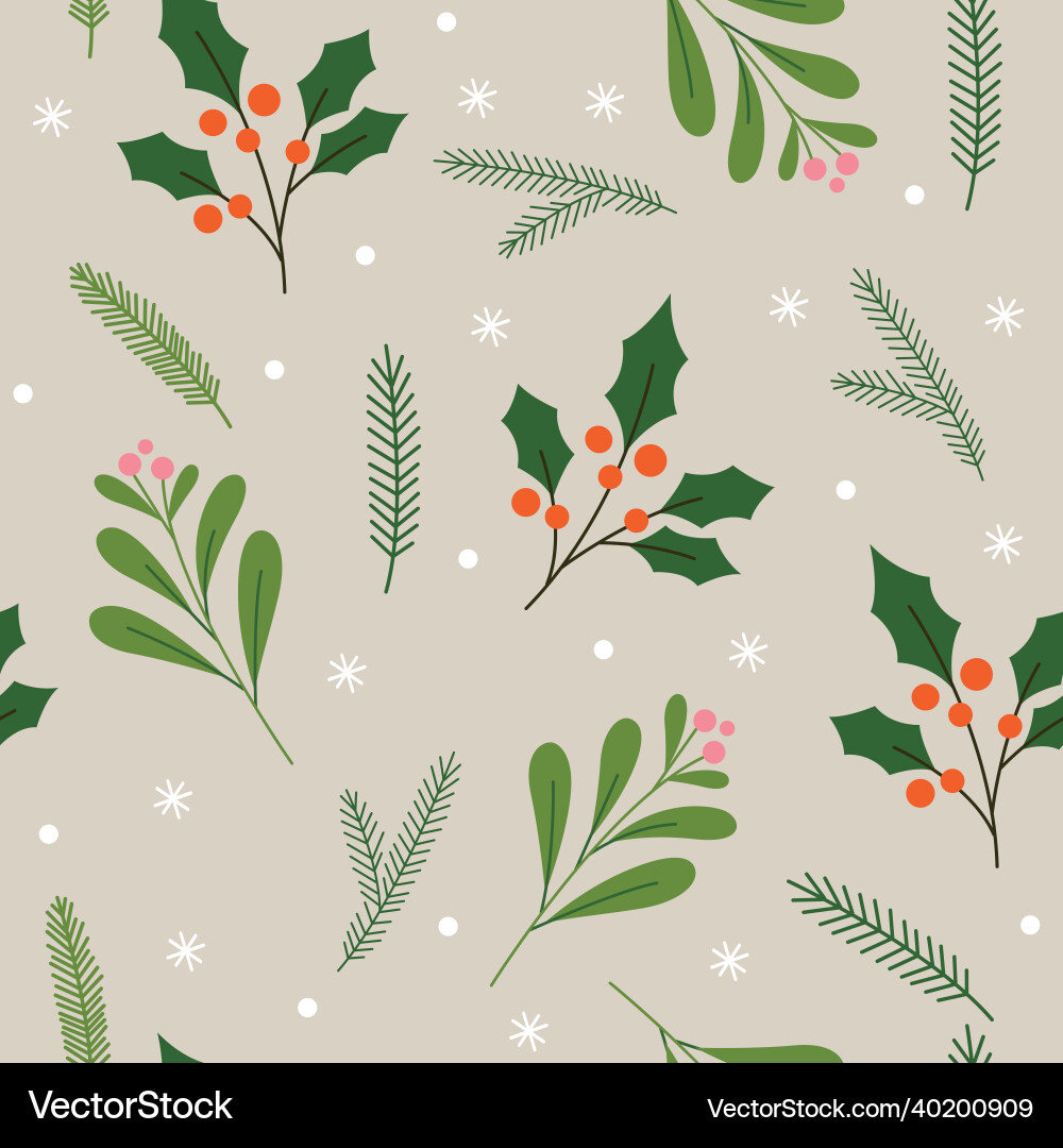 Seamless pattern with holly and fir branches Seamless pattern with holly and fir branches Vector Image