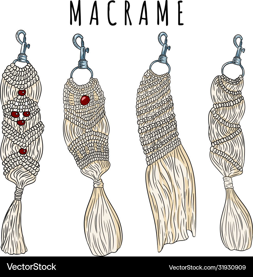 Set macrame boho style keychains collection Set macrame boho style keychains collection Vector Image