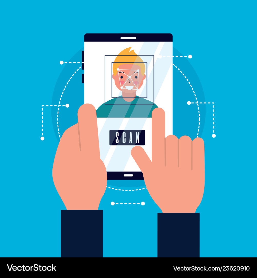 Hands with mobile face scan man vector image