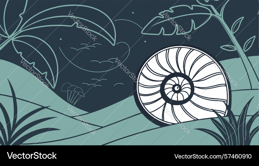 Nautilus shell in tropical forest with abstract vector image