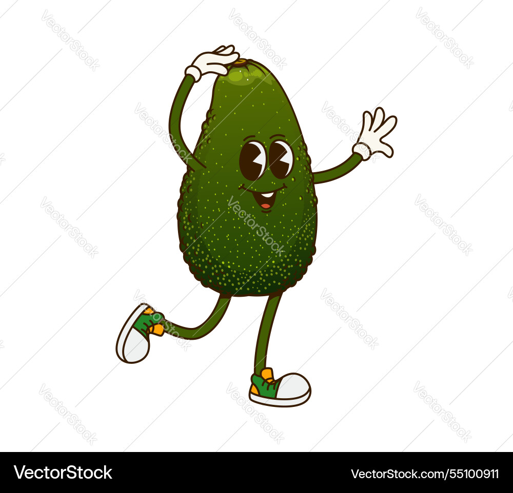 Groovy retro cartoon avocado fruit funny character Groovy retro cartoon avocado fruit funny character vector image