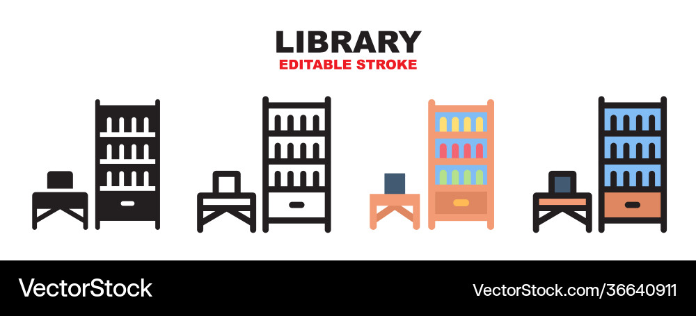 Library icon set with different styles editable Library icon set with different styles editable vector image