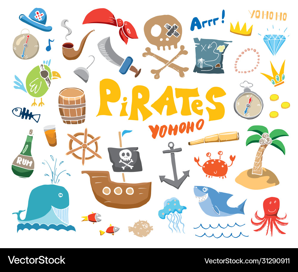 Pirate doodles set cute items sketch Pirate doodles set cute items sketch Vector Image
