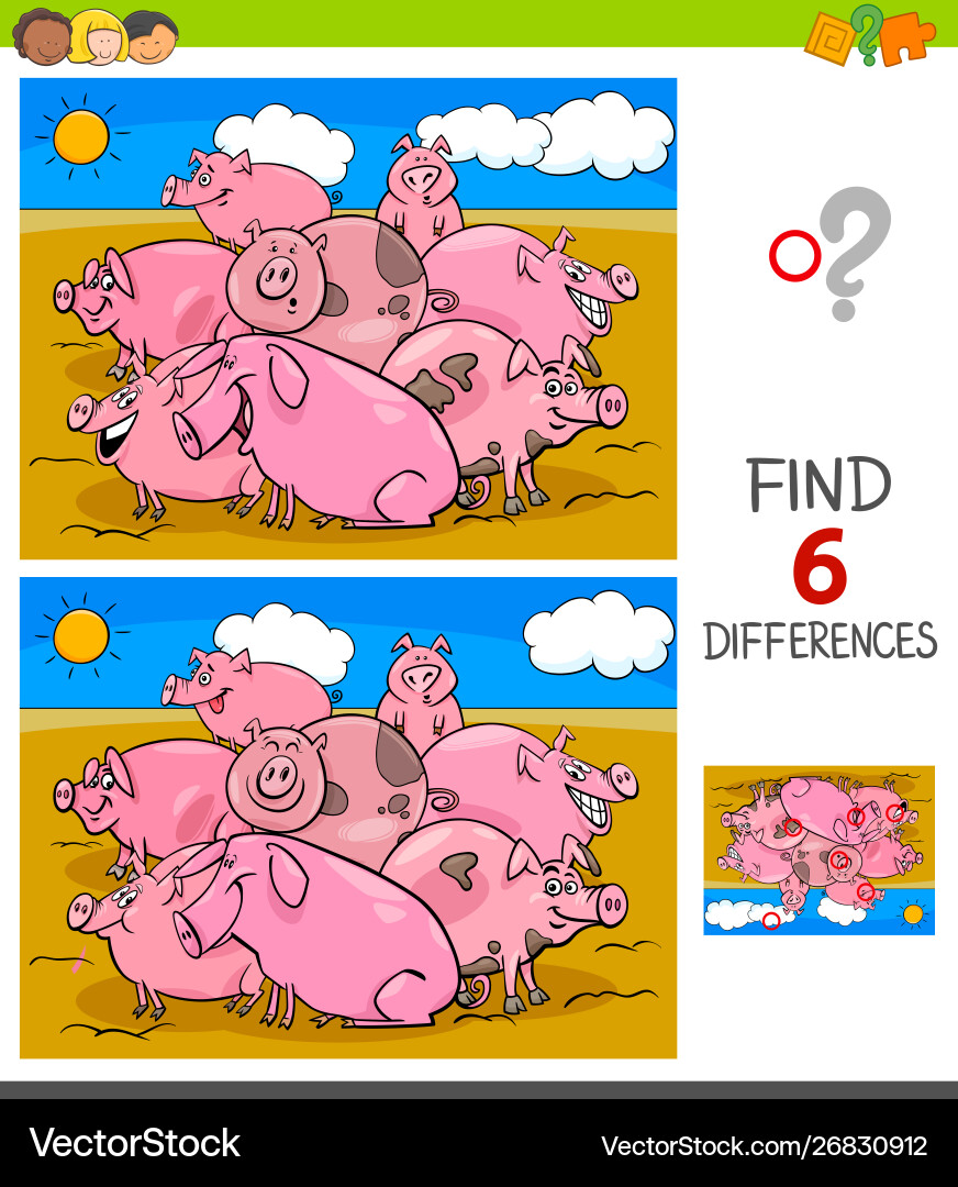 Differences game with pigs animal characters Differences game with pigs animal characters vector image