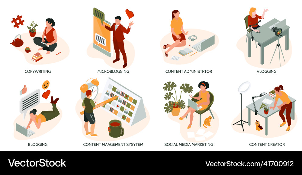 Isometric content manager composition set Isometric content manager composition set vector image