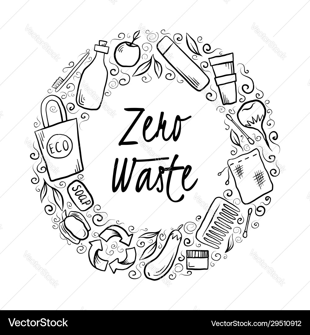 Round frame with hand drawn zero waste objects Round frame with hand drawn zero waste objects vector image