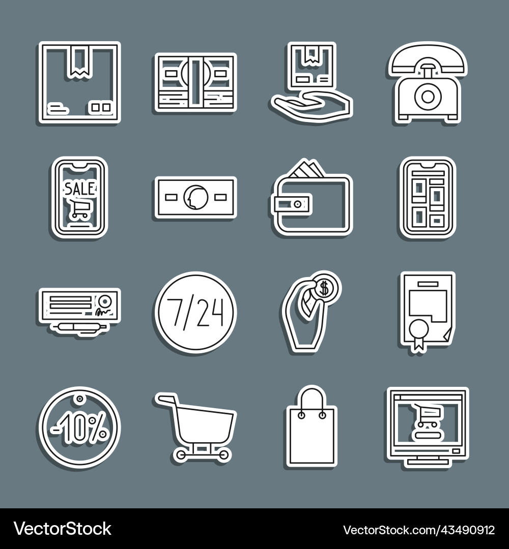 Set line shopping cart on computer certificate Vector Image