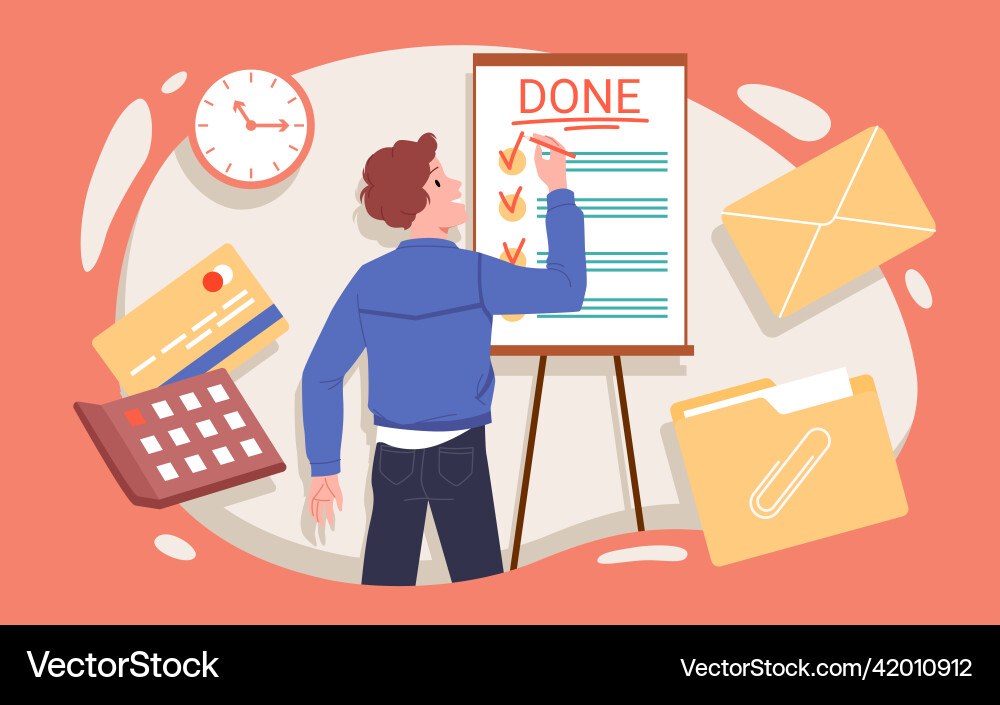 Young boy analyzing and completing tasks checklist vector image