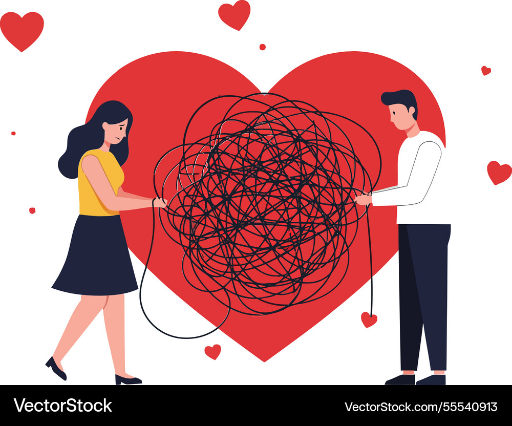 A couple untangling messy string while standing Vector Image