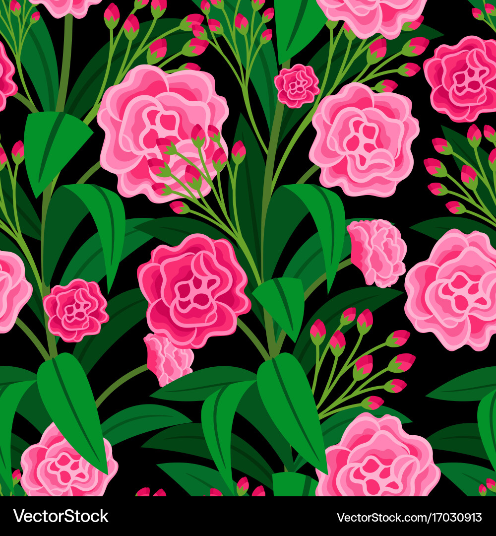 Pink Floral Pattern with Green Leaves Vector Image