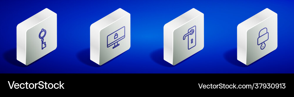 Set isometric line old key lock on computer Set isometric line old key lock on computer vector image