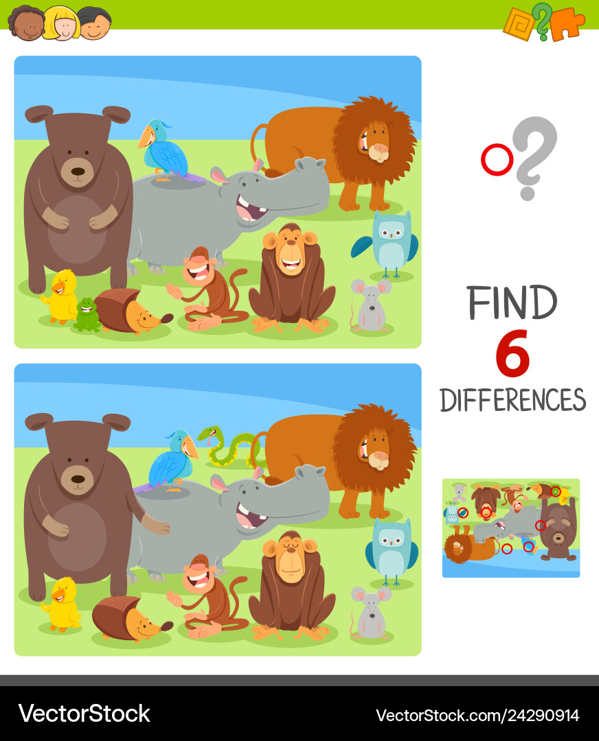 Differences task with cartoon animal characters vector image