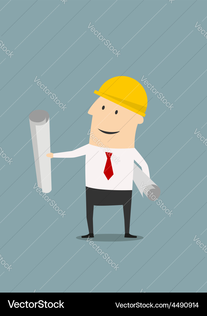 Engineer in helmet with plans and blueprints Vector Image