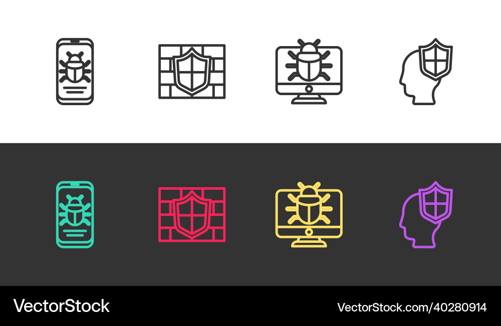 Set line system bug on mobile shield with brick Set line system bug on mobile shield with brick Vector Image