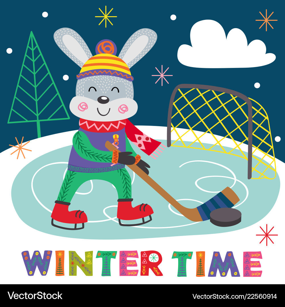 Winter Poster Hare spielt Hockey Winter Poster Hare spielt Hockey vektorbild