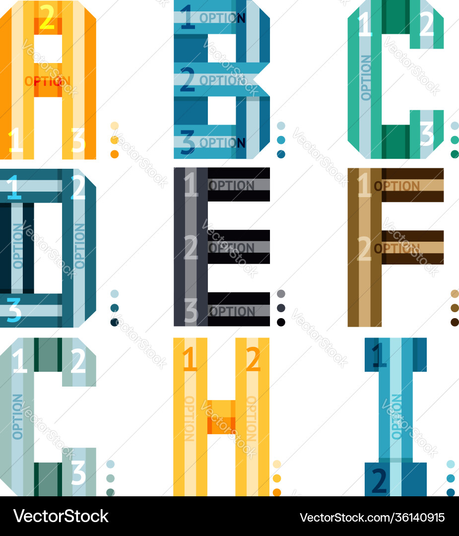 Alphabet Buchstaben mit Streifen und Zahlenoptionen Alphabet Buchstaben mit Streifen und Zahlenoptionen vektorbild
