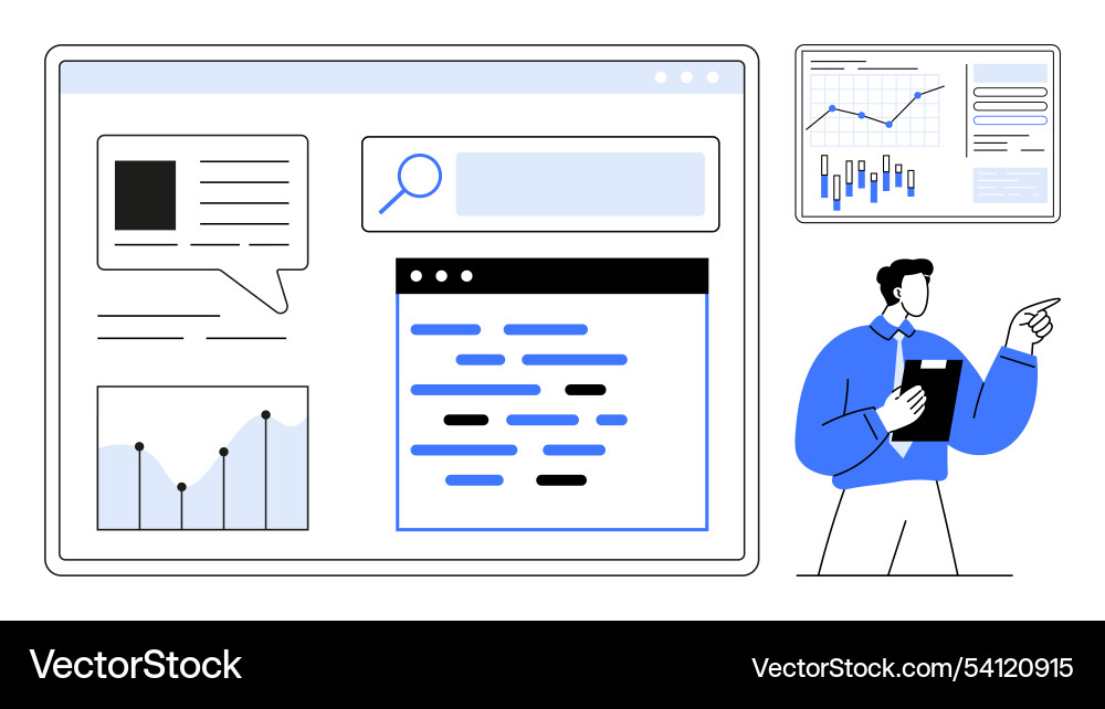 Man presenting data insights with graphs and text Man presenting data insights with graphs and text vector image