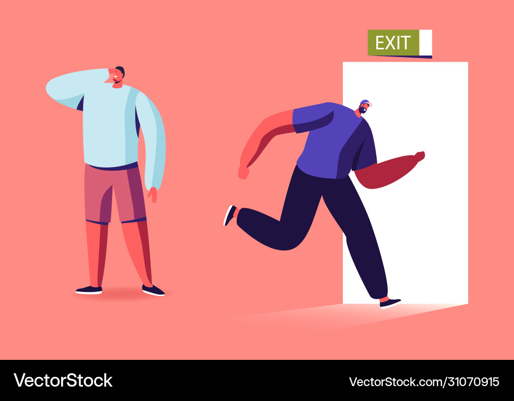 Man run to open door with exit signboard new Man run to open door with exit signboard new Vector Image