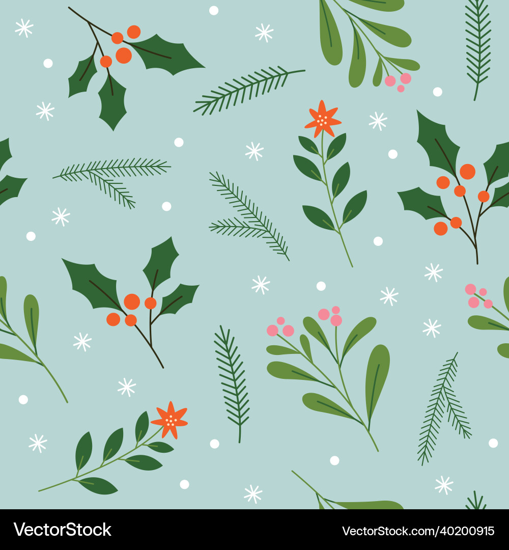 Seamless pattern with holly and fir branches