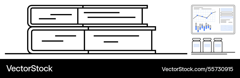 Stacked books laboratory jars and data chart Stacked books laboratory jars and data chart vector image