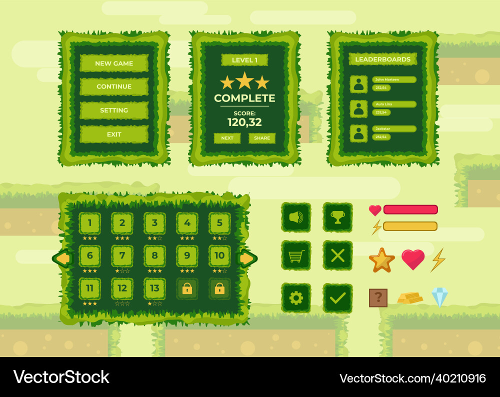 Complete set of level button game pop-up icon Complete set of level button game pop-up icon Vector Image