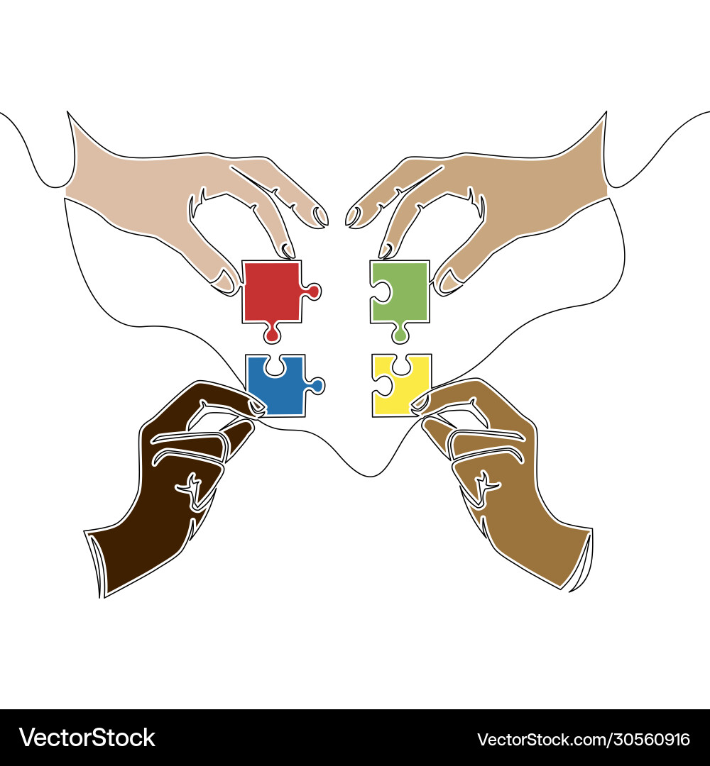 Flat continuous line art puzzle teamwork concept Flat continuous line art puzzle teamwork concept Vector Image
