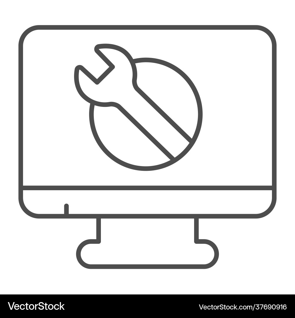 Monitor with wrench thin line icon pcrepair Vector Image